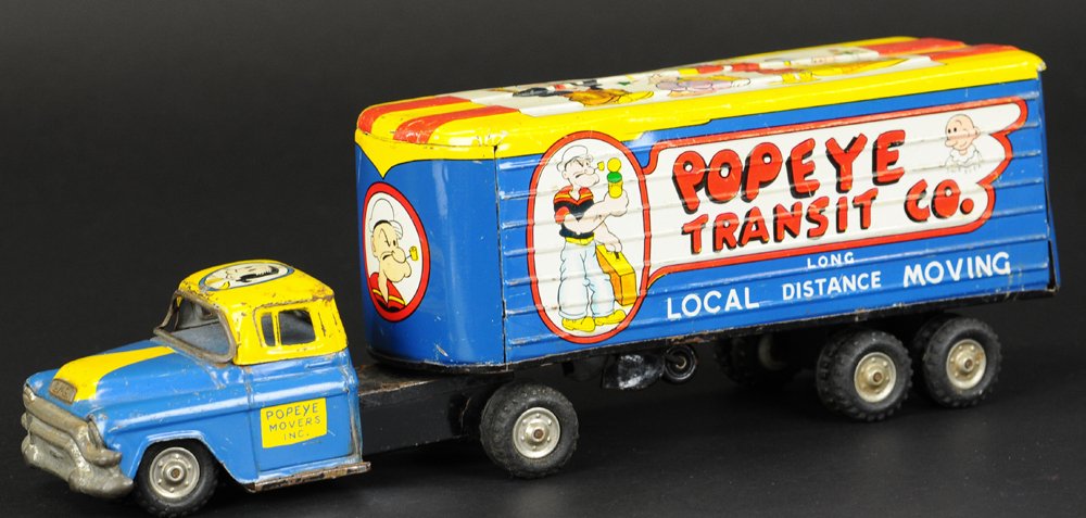 POPEYE TRANSIT CO. TRUCK: Linemar, Japan, lithographed tin tractor trailer, features extensive graphics on van body, depicts a long distance hauler, very colorful toy, friction driven. 12 3/4" l.