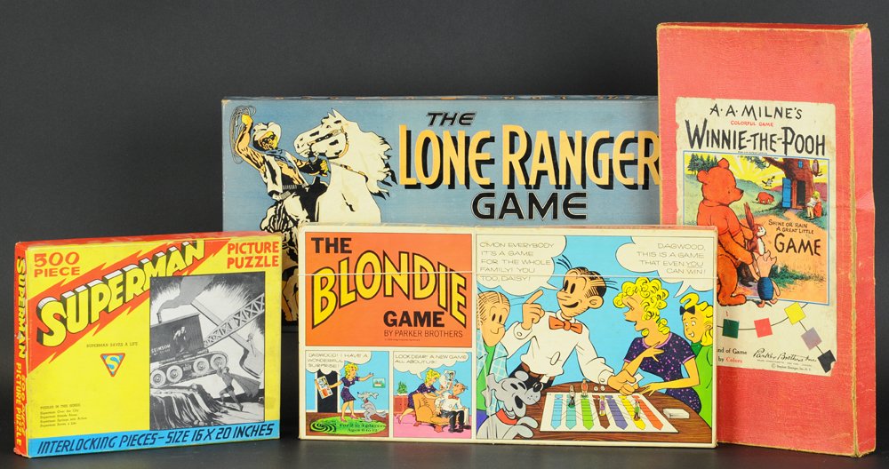 BOXED GAME LOT: Grouping includes: Winnie the Pooh Game, the Blondie Game, the Lone Ranger Game, and Superman 500 piece picture puzzle; all appear complete but no guarantee.