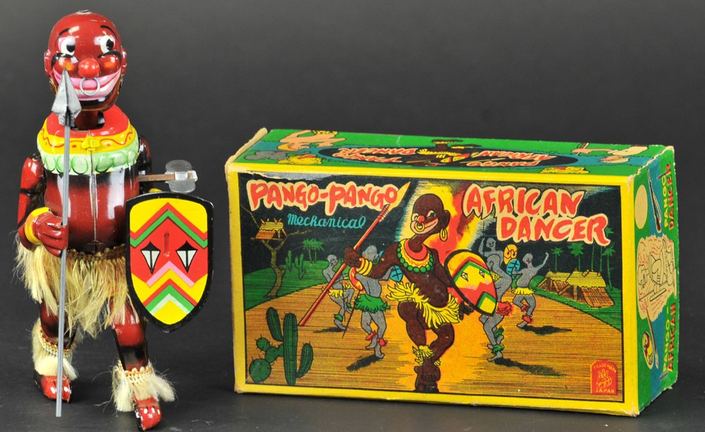 PANGO-PANGO WITH BOX: T.P.S., Japan, lithographed tin clockwork action, depicted in full native garb, holds spear in one hand and shield in other, great box litho. 6" h.
