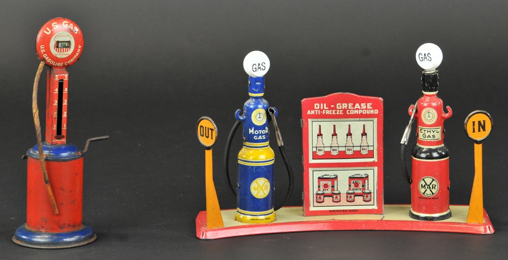 BRIGHTELITE FILLING STATION: Louis Marx, U.S.A., c. 1930's, lithographed tin, battery-operated pump lights, milk glass globes marked "GAS". Lot includes a U.S. Gas tin litho fuel pump. 9 1/2" l.
