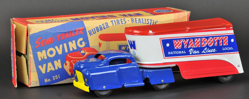 BOXED WYANDOTTE MOVING VAN: Stamped steel, body and cab, colorful lithography, rubber tires, sides read, "Wyandotte Van Lines". 14 1/2" l.