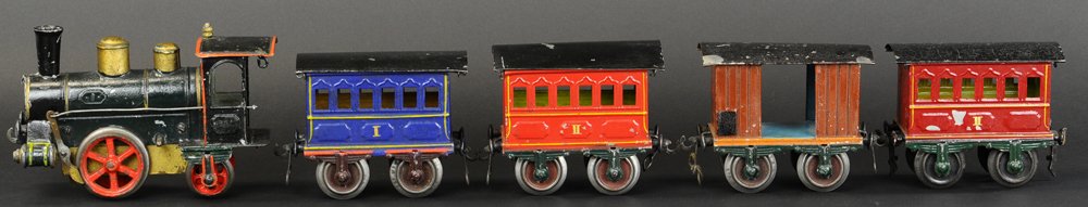 MARKLIN 'I' GAUGE PASSENGER TRAIN SET: circa 1905, set includes extremely rare four wheel clockwork locomotive with large drive wheels and smaller pony wheels, together with hand painted second class coach in dark red, second class coach i