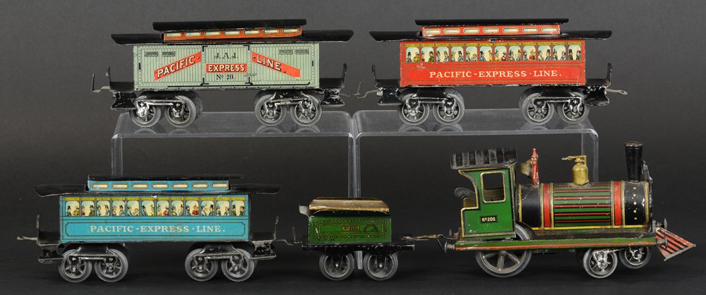 ISSMAYER PACIFIC LINE PASSENGER TRAIN SET: Clockwork "O" gauge, lithographed tin coaches, includes loco, tender, and three cars. Loco 7 1/2" l.