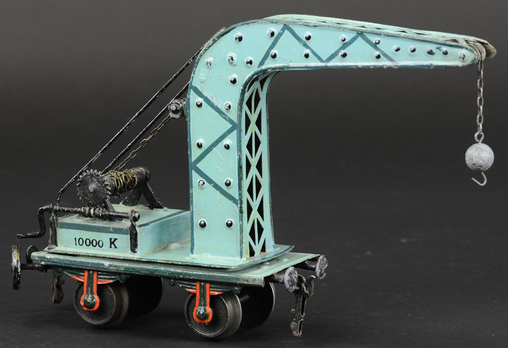 MARKLIN REVOLVING CRANE CAR: "1" gauge, 10000 K hand enameled crane car, painted in classic green color with dark green trim. 7" h.
