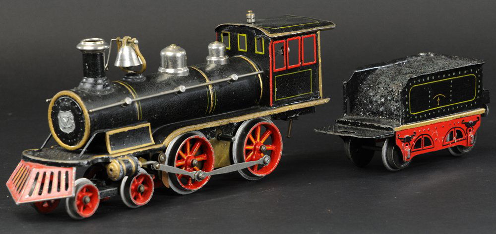 MARKLIN GAUGE '1' AMERICAN PROFILE LOCO & TENDER: Hand enameled 4-4-0 painted tin engine, featuring nickel plated domes, bell and stack cap, red center wheels and cow catcher with four wheel tender in black, green trim, and embossed coal load. Engine