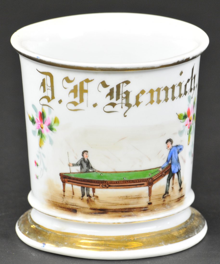 POOL PLAYERS OCCUPATIONAL SHAVING MUG: Base reads, "Geo. E. Wagner," illustration features two pool players at long table with one gentleman ready to strike cue ball, gold gilt name lettered, "D. F. Hennich". Ex. Bill Bertoia Collection 3