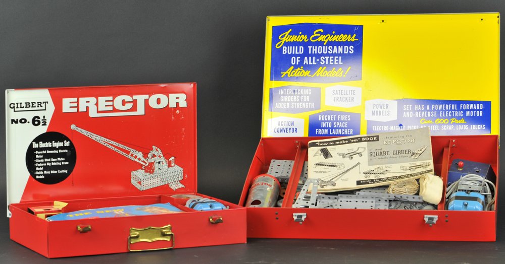 LOT OF TWO GILBERT ERECTOR SETS: Both contained and include lithographed tin box sets, includes set 6 1/2, and larger set 10 1/2, each comes with assorted pieces, and completeness of parts has not been established, each has booklet.