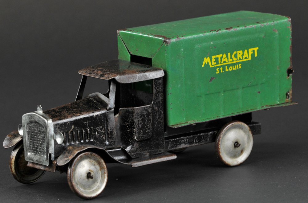 METALCRAFT "PLEE-ZING" VAN TRUCK: Pressed steel, painted black cab with green enclosed van body and yellow lettering on sides. 11" l.