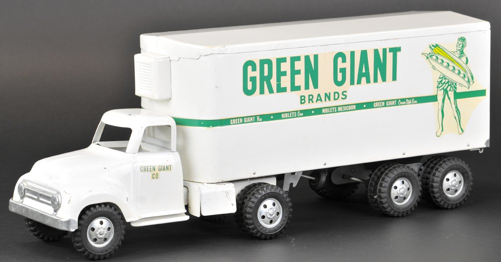 TONKA 'GREEN GIANT' TRANSPORT TRUCK: c. 1955, pressed steel, an early Tonka done in white overall, enclosed cab, long van body, great decal advertising on side with Green Giant holding peas. 23 1/2" l.