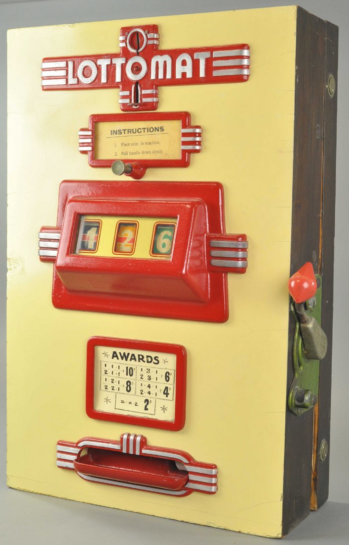 LOTTOMAT 'JUWEL' MACHINE: England, coin op slot machine, painted in red and cream color combination, award sheet on front, this piece has an art deco quality which makes it a great display item verses rarity, handle at side, m