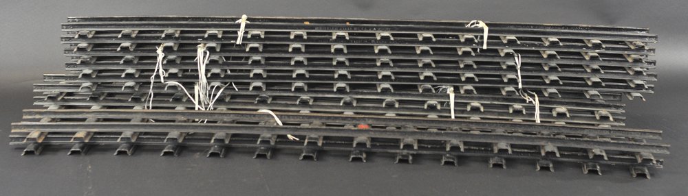 BUDDY 'L' CURVED TRACK #1200: Mfg. by Bethlehem Steel Co., for outdoor railroad with a rectangular decal in the center of each four foot section, ten pieces. 4' lengths.