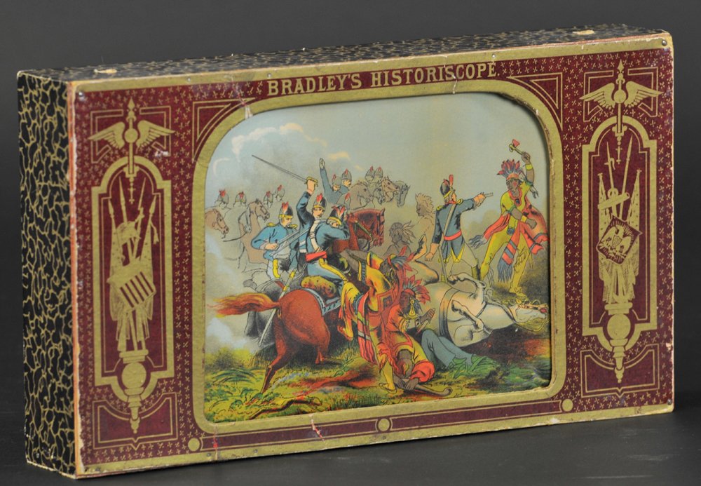 MILTON BRADLEY HISTORISCOPE: Lithographed paper panoramic scenery, features roller displays of historical moments inset in wood box with gold and purple proscenium. Ex Ward Kimball Collection. 11 1/2" x 6 1/2".
