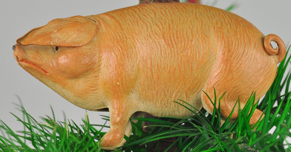 LONG EAR HOG DRESDEN CHRISTMAS ORNAMENT: Germany, very well detailed, brown pig with curled tail Christmas tree ornament, creative design. 3 3/4" l. Ex. Tom Fox Collection.
