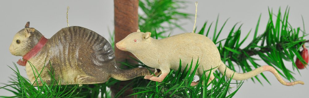 CAT & RAT DRESDEN ORNAMENTS: Germany, two fine examples of Dresden art formed in a cat and long tailed white rat, great details & form. 3" to 4" l. Ex. Tom Fox Collection.