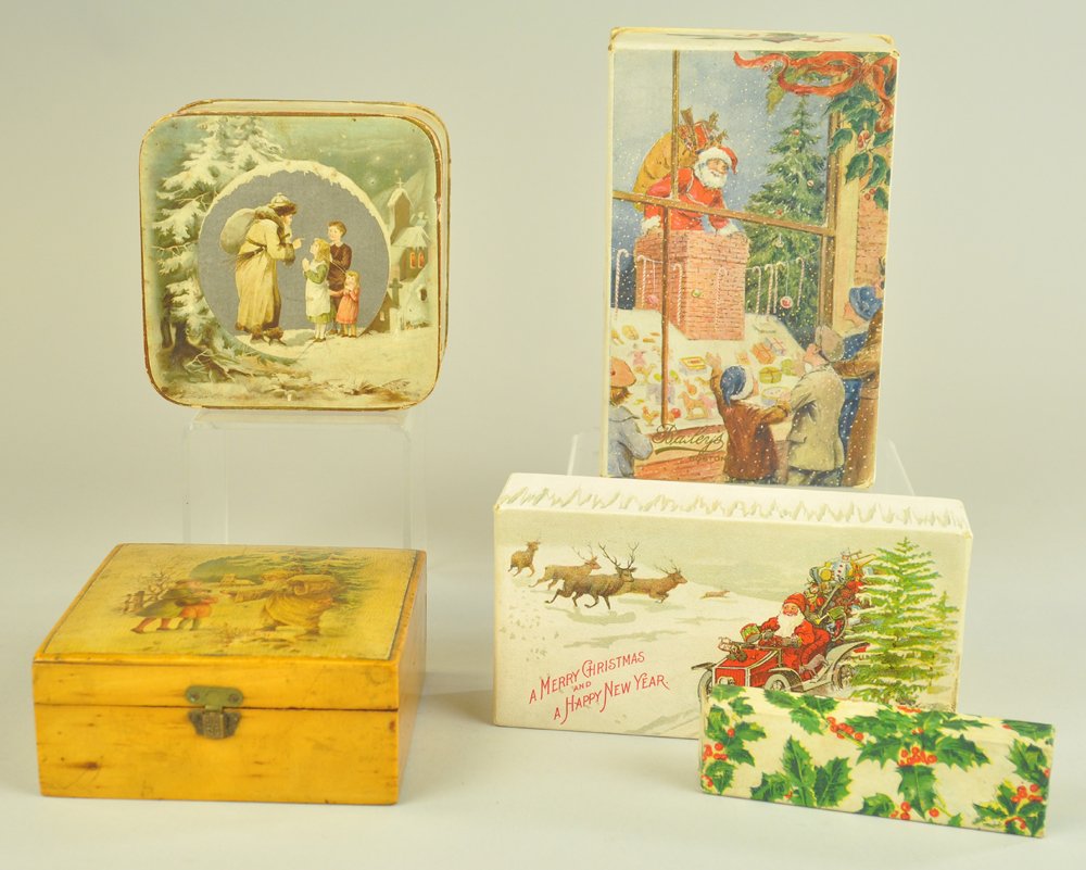 GROUPING OF HOLIDAY THEME BOXES: Lot of five Christmas theme boxes include: collar box, three candy boxes, and a wood "Brooks Sewing Cottons" box; all with Santa Claus depicted on the front. 4" to 6" l. Ex. Tom Fox Collection.