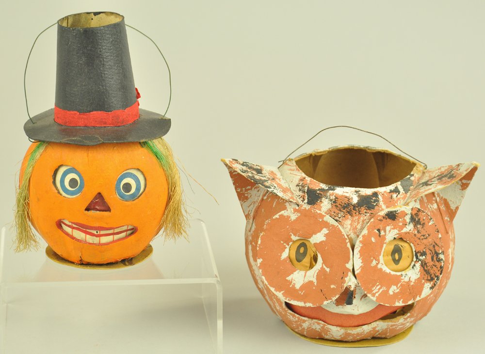 LOT OF TWO FIGURAL JACK-O-LANTERNS: Includes one pumpkin man Pilgrim along with colorful owl, nice detailing on each. 4" to 5 1/2" h. Ex. Tom Fox Collection.