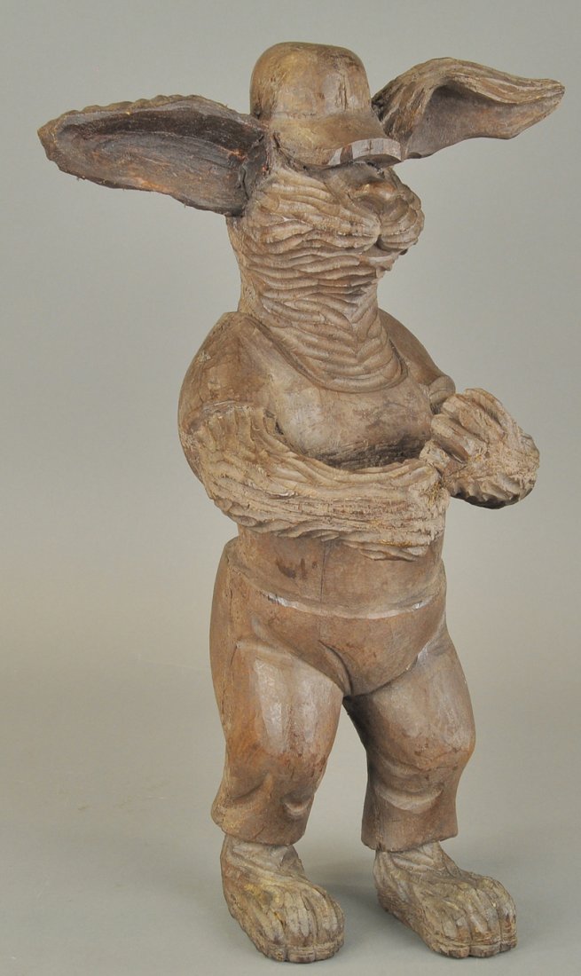 EASTER BUNNY MOLD PATTERN: Mahogany, used to make molds for pulp Easter Bunnies, from long ago closed "King Cole" of Canton, Ohio, makers of pulp & composition Halloween and Easter items. 21" h.