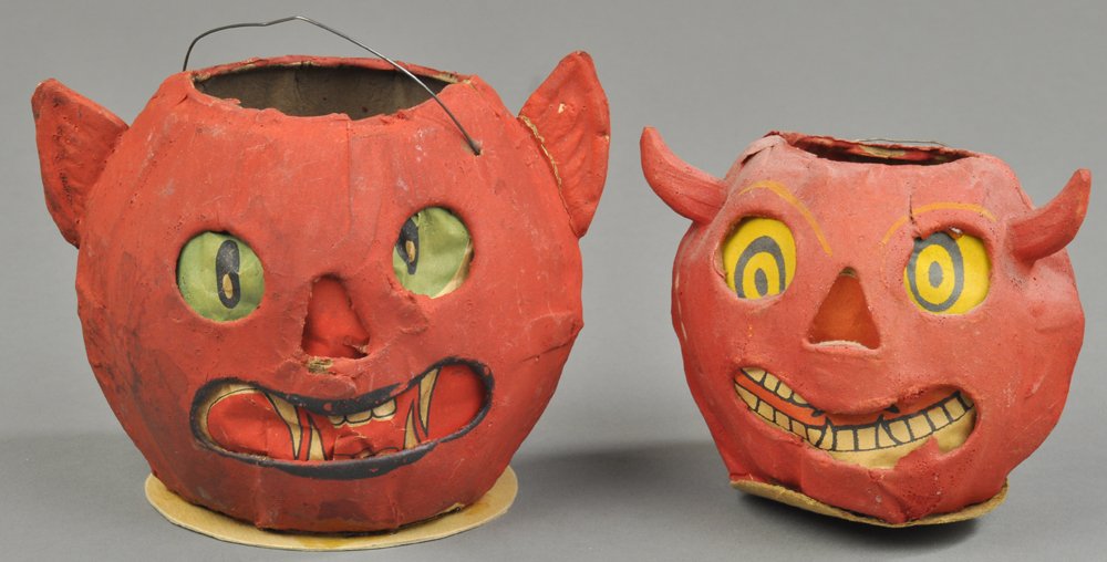 LOT OF TWO PRESSED PAPER LANTERNS: Two pressed paper German lanterns, small devil and cat, added ears and horns, inserts original. 3 to 4" l. Ex. Tom Fox Collection.