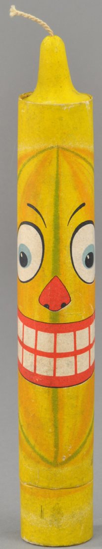 PRESSED PAPER JACK-O-LANTERN CANDY CONTAINER: Rare German Jack-O-Lantern candy container, exceptionally rare and fine condition, cloth wick perfect. 7" l. Ex. Tom Fox Collection.