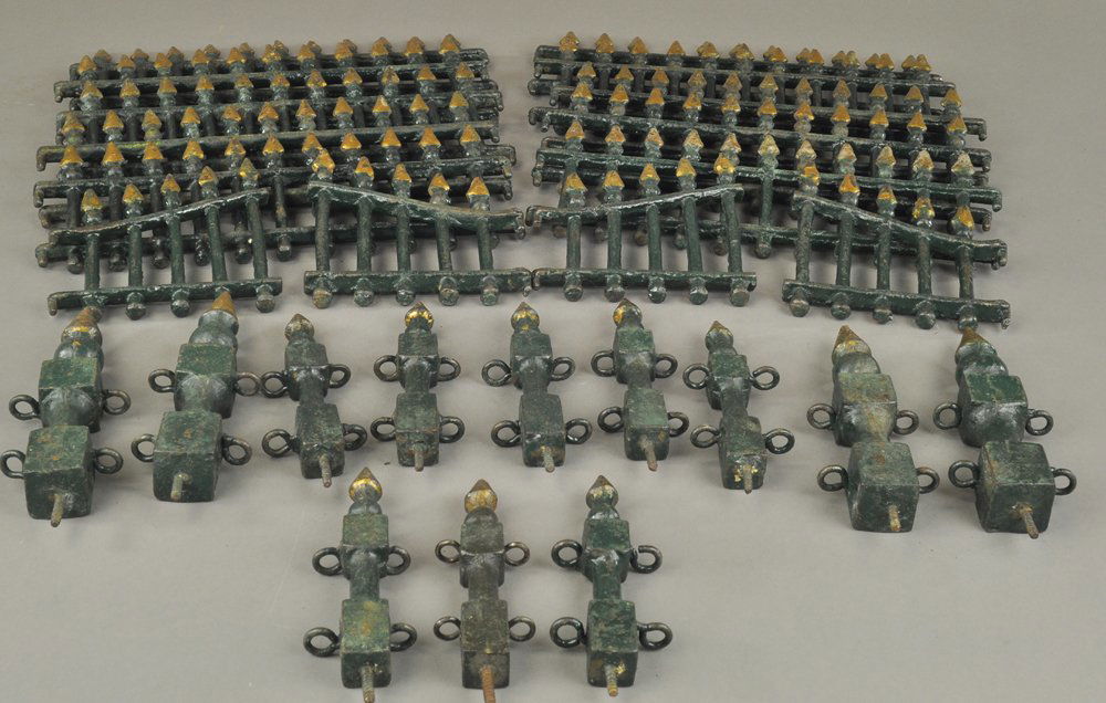 CHRISTMAS FENCE: Cast iron Christmas fence including, gates, rails & fence posts, painted in green overall, gold highlights to spike tops. 11" fence sections.