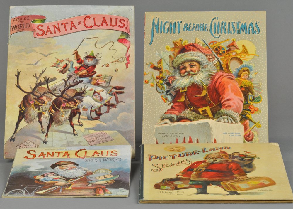 GROUP OF FOUR CHILDREN'S CHRISTMAS BOOKS: Titles include: Santa Claus and His Works, Night Before Christmas, Picture-Land, and Around the World with Santa Claus. 8" to 11" l. Ex. Tom Fox Collection.