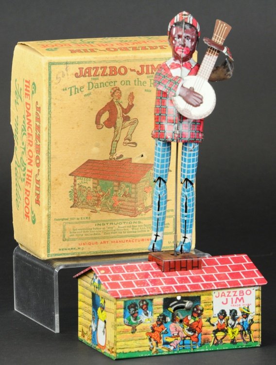 JAZZBO JIM WITH BOX: Unique Art, lithographed tin, depicts dancing Jim on rooftop stage with amusing colorful graphics surrounding all sides, clockwork mechanism. 10" h.