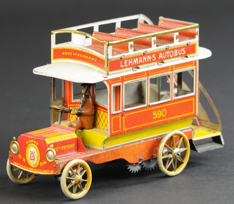 LEHMANN AUTO BUS: (Red version), Germany, lithographed tin, double decker bus, clockwork driven, features open railed roof and rear stairwell. 7" l.