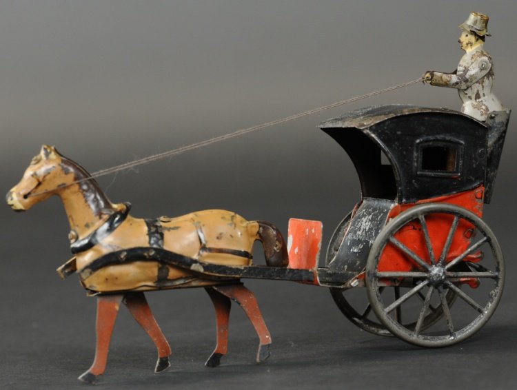 FERDINAND MARTIN HANSOM CAB: France, hand painted tin toy features horse drawn coach with seated driver on roof level, spoke wheels, key wind, black and red cab. 8 3/4" l.