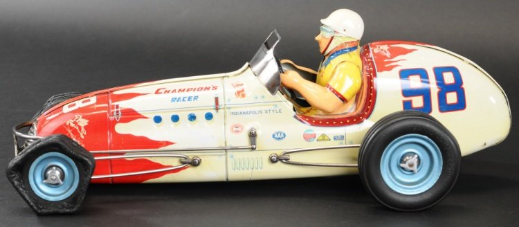 YONEZAWA CHAMPION'S RACER TOY CAR: 1950's, tin plate version of Troy Ruttman's Indianapolis 500 winning 'Agajanian Special' race car, features chrome steering and suspension set up, full exhaust, radiator with guard and detailed paint 