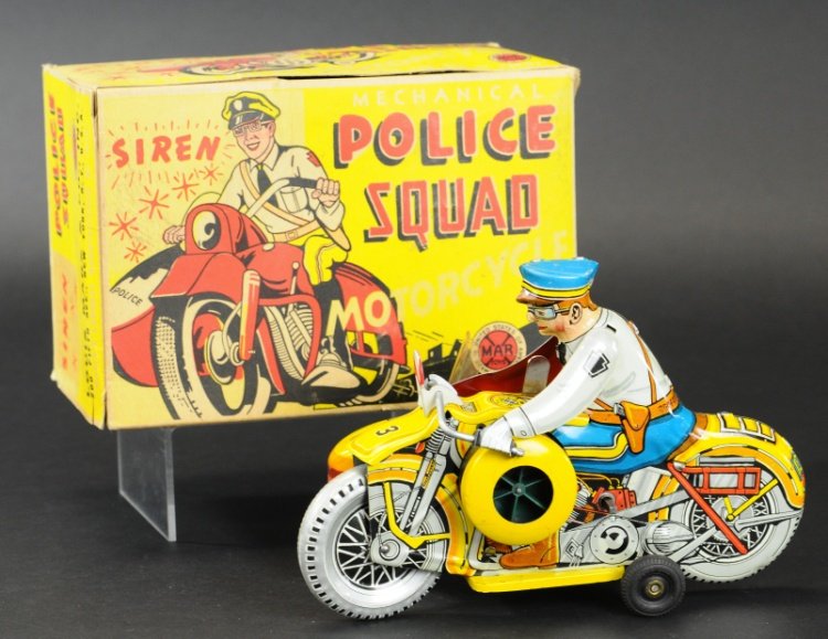MARX BOXED 'POLICE SQUAD' CYCLE WITH SIDE CAR: Lithographed tin, done in yellow and red, great image of engine, features siren on side, clockwork driven, side car marked No. 3. 8 1/2" l.