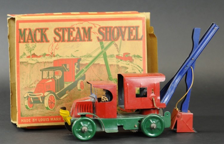 MARX MACK STEAM SHOVEL WITH BOX: Lithographed tin, multicolored work vehicle, disc wheels, key wind operated. Vehicle 8" l.