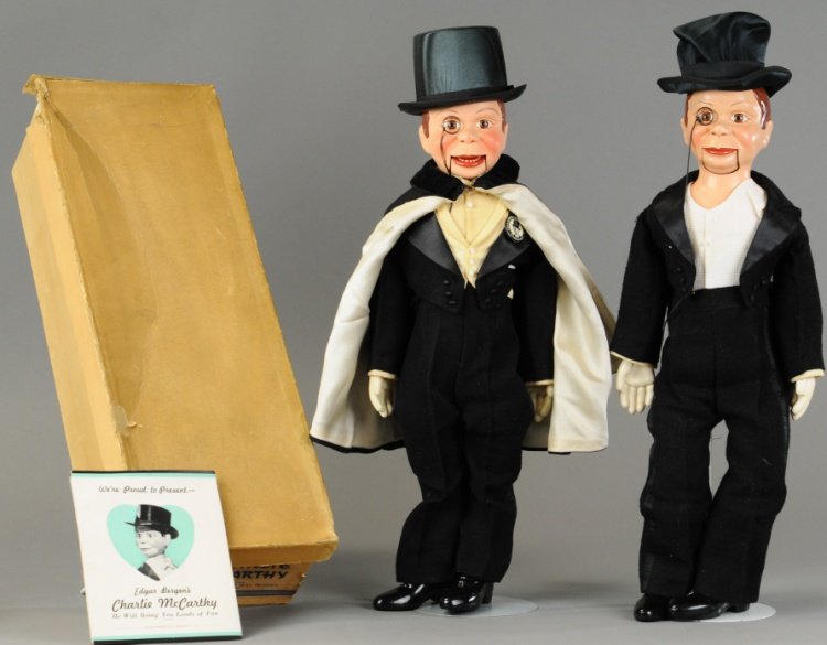 LOT OF TWO VENTRILOQUIST DUMMIES: Both are Edgar Bergen's Charlie McCarthy figures made by Effenbee, one is contained in the original box and is in Near Pristine Cond., contains original pamphlet, the other is also in Good Cond., but 