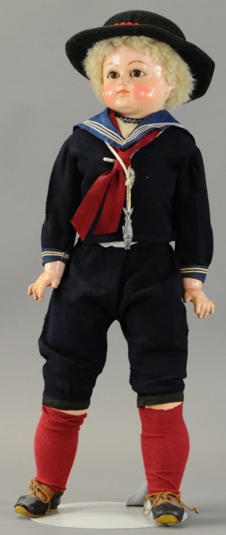 SMALL SCHILLING COMPOSITION DOLL: Doll has paperweight eyes and lambs wool wig. 24" h.