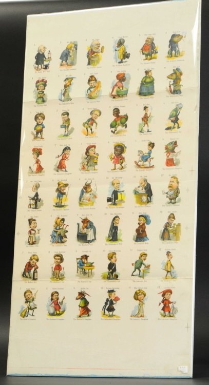 UNCUT SALESMAN SAMPLE PLAYING CARDS: McLoughlin Bros., amusing lithographed sheet, features forty eight uncut cards, each a clever name added to the individual figure, once used for a playing game. 19" x 37".