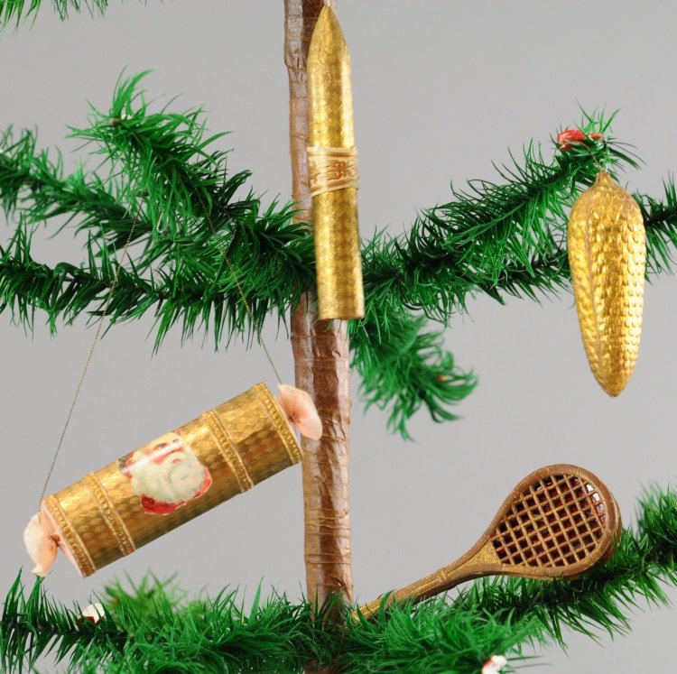 INTERESTING ASSORTMENT OF GOLDEN DRESDENS: Includes golden Christmas cracker tube with Santa and Cuban cigar, both candy containers, along with tennis racket and golden pipe cone. 3" to 3 1/2".