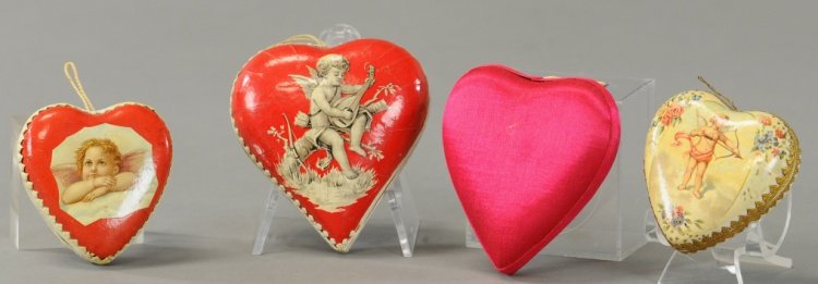 FOUR DRESDEN VALENTINE HEARTS: Germany, includes red velvet heart and three cupid hearts, all Dresden candy containers. 2" to 3". Ex. Tom Fox Collection