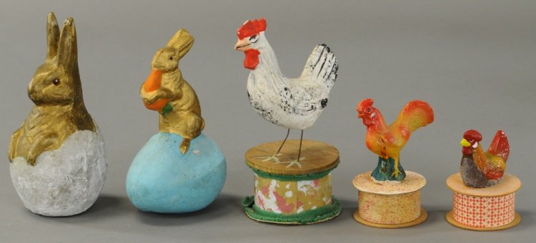 THREE EASTER CHICKENS AND TWO BUNNIES: Germany, three composition on platform chicken candy containers and two bunnies on egg, one with glass eyes. 3" to 6".
