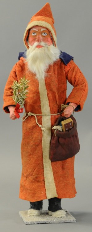 LARGE FATHER CHRISTMAS CANDY CONTAINER: Impressive size German Santa Claus candy container wearing red felt robe trimmed in white with blue shawl over shoulders, nice old rabbit fur beard on composition head, deep blue eyes give him wonderf