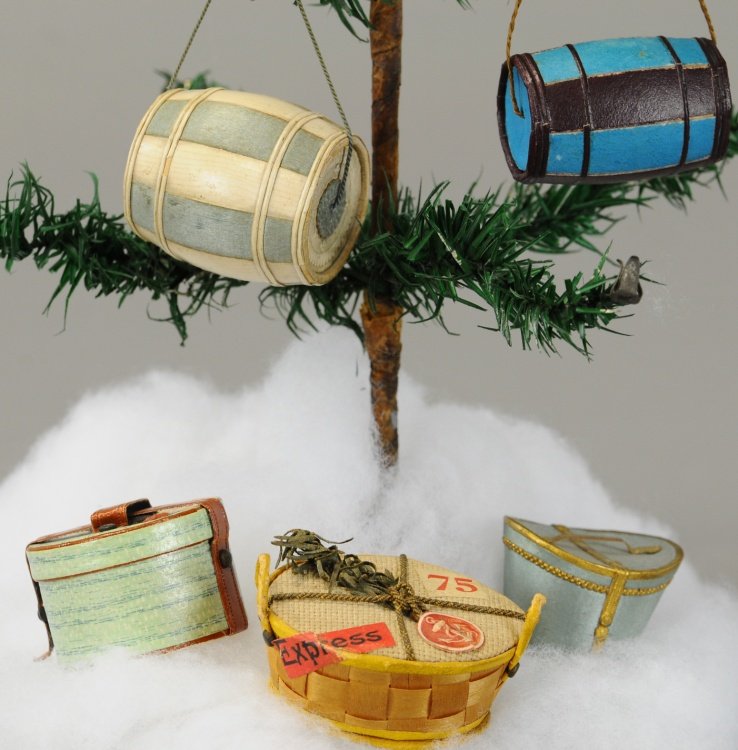 GROUP OF FIVE CANDY CONTAINERS: Two barrels, one with alternating green silk and faux ivory barrel ribs, another in blue and purple, fine small blue silk hat box with gold Dresden detail, round green hat box with leather straps and