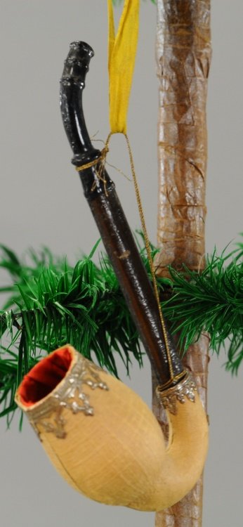 GERMAN DRESDEN SMOKING PIPE: This Christmas tree ornament is in the form of a clay pipe candy container, red silk bag is in the bowl of pipe. 6". Ex. Tom Fox Collection