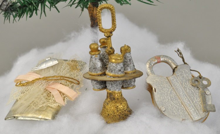DRESDEN LOCK, SACHET & CONDIMENT HOLDER: Silvery lock retains original key, sachet decorated with lace, ribbon and Dresden Equestrian cap and crop, fancy complete condiment holder in sanded, gilded finish. 2 1/2" to 3 1/2". Ex. Tom Fox Colle
