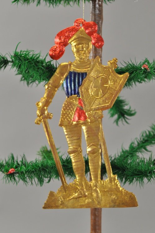 GOLDEN KNIGHT DRESDEN: Germany, knight in golden armor, flat Dresden Christmas tree ornament. 10". Ex. Tom Fox Collection