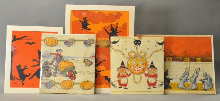 FIVE CREPE PAPER HOLIDAY DISPLAYS: Witches, jack-o-lanterns, bats and goblins, everything needed for a festive Halloween party. 18" to 20".