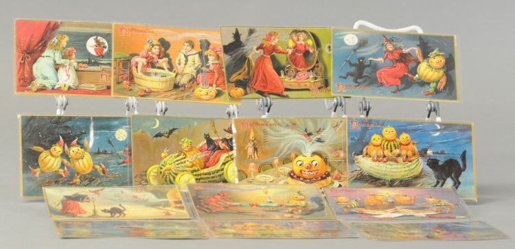 ASSORTED AND COLORFUL GROUP OF HALLOWEEN POSTCARDS: Lot of 13 exceptional Halloween postcards; 10 are Raphael Tuck and Sons depicting witches, goblins, devils and black cats. 5 1/2".