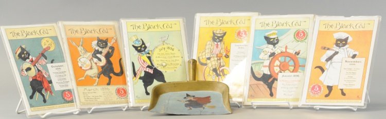 SIX ISSUES OF 'THE BLACK CAT' AND A FLYING WITCH: Group of the six 'the Black Cat' publications, 1896, with whimsical front covers and a child's size dustpan with wonderful witch on broom painting. 8" to 9".