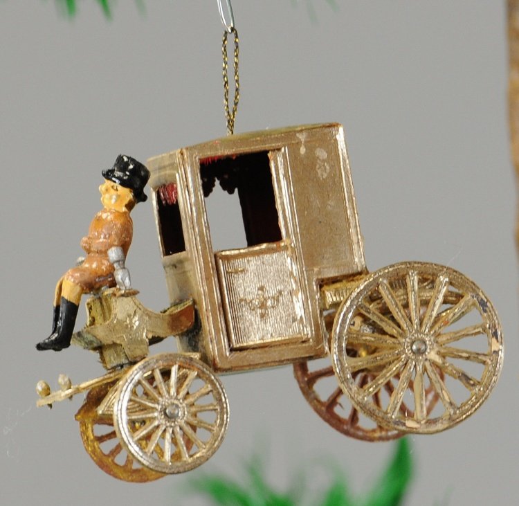 DRESDEN SILVER COACH CHRISTMAS ORNAMENT: Germany, hand crafted brilliant silver coach with top hat driver, exceptional detail throughout. 2 1/2".