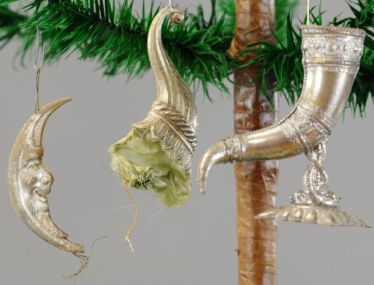 CORNUCOPIA, MAN IN THE MOON & HUNTING HORN CHALICE: Three silver Dresdens includes cornucopia candy container, man in the moon and horn chalice with stem of intertwined dolphins on base, silk candy bag. 2 1/2" to 3". Ex. Tom Fox Collection