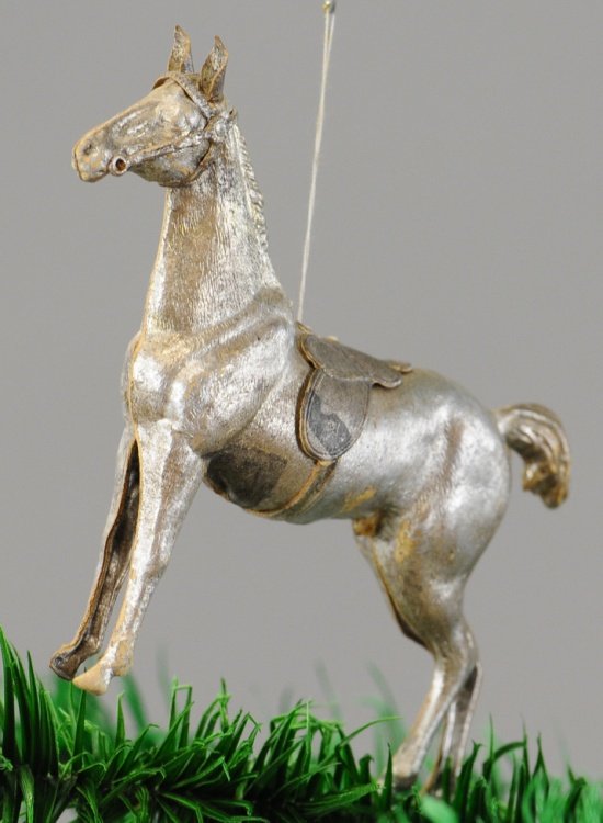 SILVER MARE DRESDEN: A proud silver horse with a saddle and harness, German Dresden ornament. 4". Ex. Tom Fox Collection
