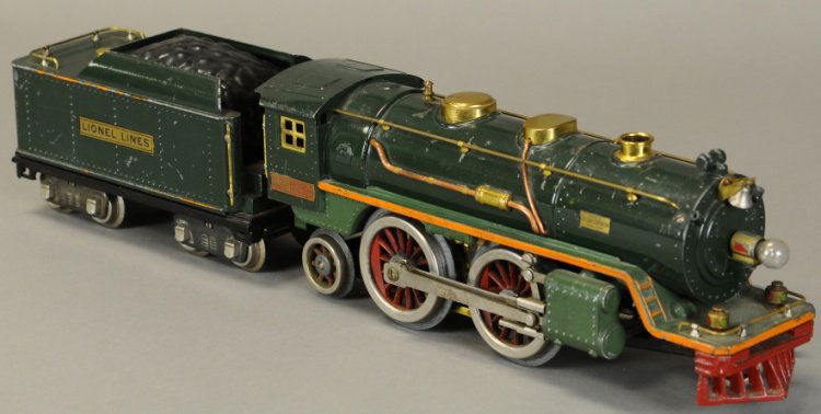 LIONEL STANDARD GAUGE 390E STEAM ENGINE: Green color version, includes 2-4-2 steam engine and eight wheel 390T tender. Loco 13" l.