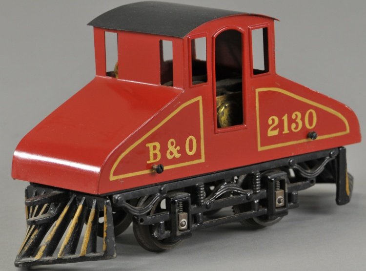 VOLTAMP STEEPLE LOCOMOTIVE: Painted in red body, black roof, 0-4-0 mining engine has cast iron frame, incorrect motor and modified base, will not run as configured, body restored and missing trim. 10" l.